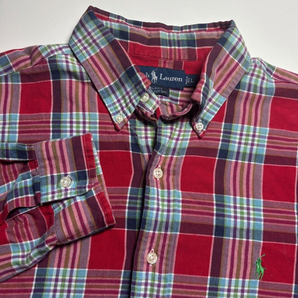 Ralph Lauren Blake Multi Plaid Mens L Red Cotton Button Down Pony Shirt